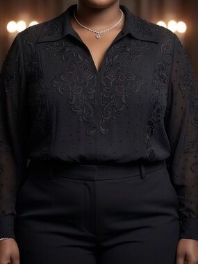 Vintage Ice Black Beaded Elegant Formal Sheer Long Sleeve Tunic Top